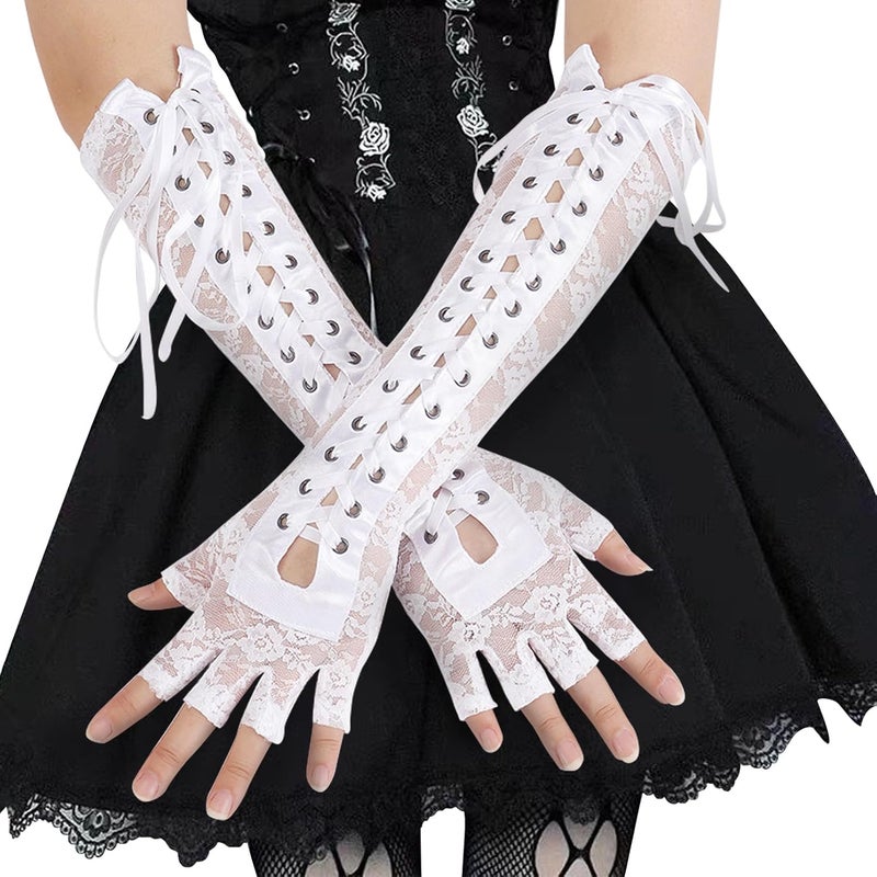 RainFlowwer Fingerless Gloves Steam Punk Goth Witch Long Elbow Arm Warmer Lace Sleeves for Costume Party Halloween Cosplay - Image 1